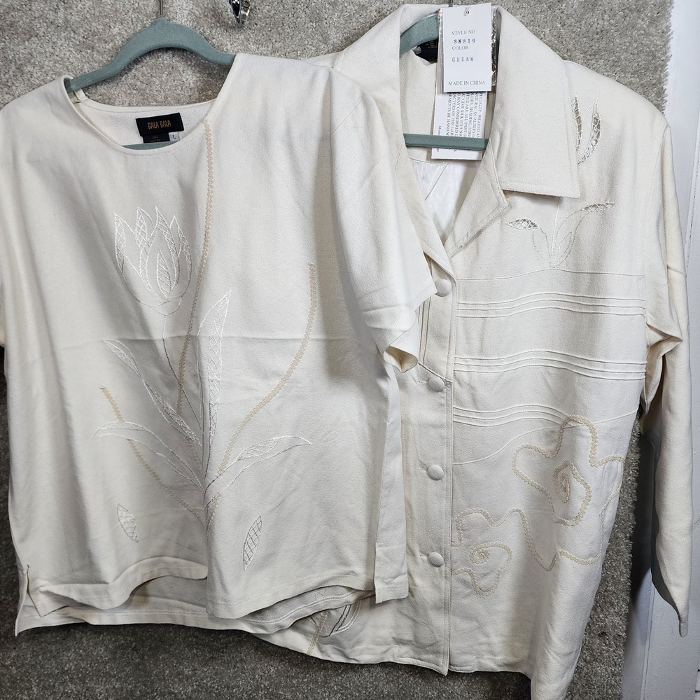 Bala Bala 2 Piece Silk Set Women Large Cream Floral Embroidered Jacket & Top NWT